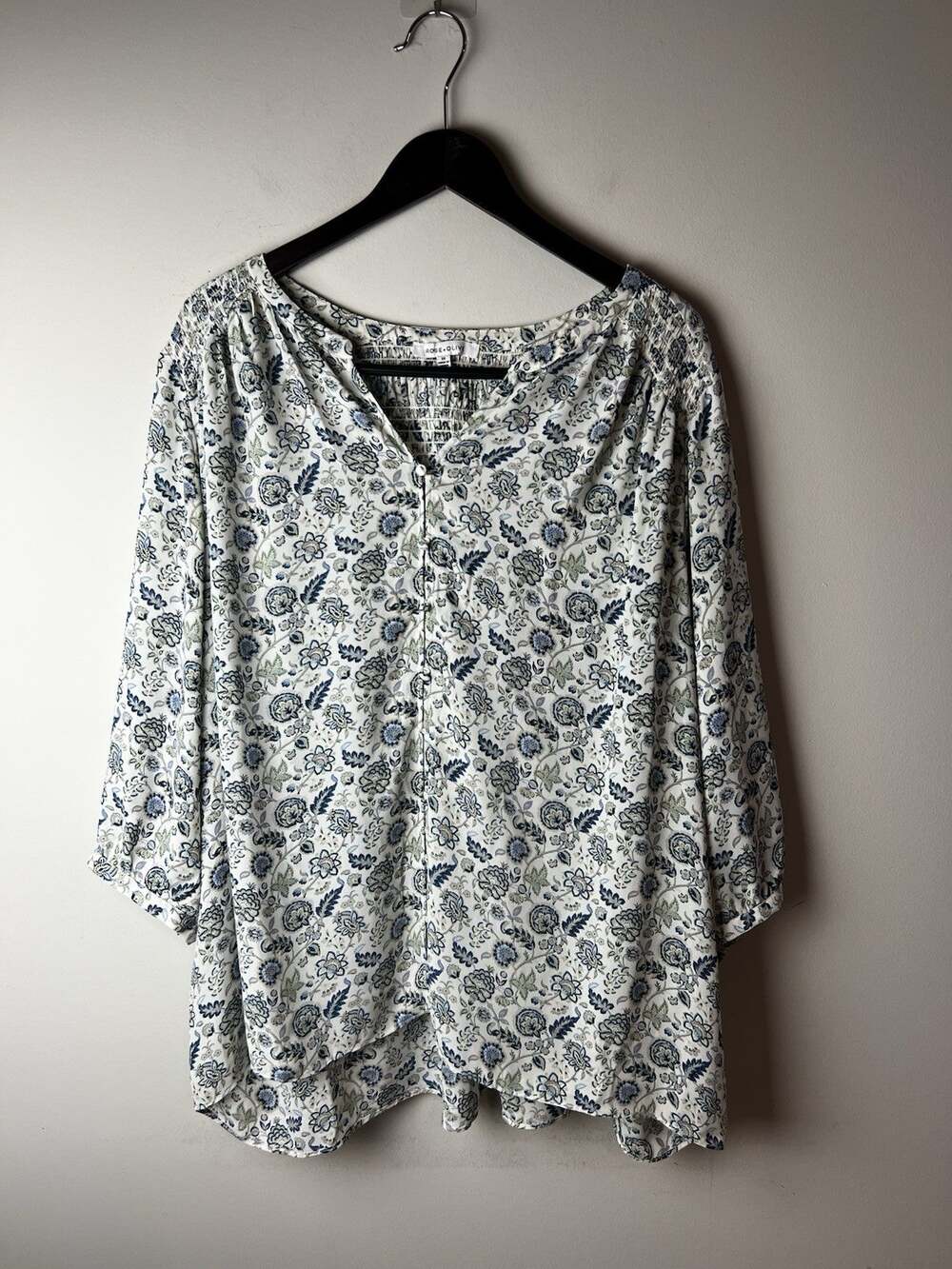 Rose & Olive Top Smocked Chiffon Floral 3/4 Puff Sleeve Tunic 3X Boho Blue